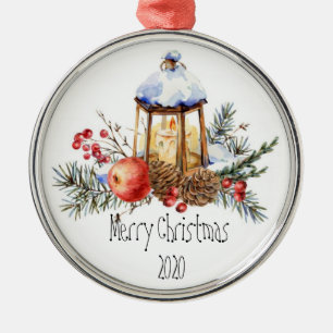 Christmas Lantern Holly Pine Apple Custom Dated Ce Metal Ornament