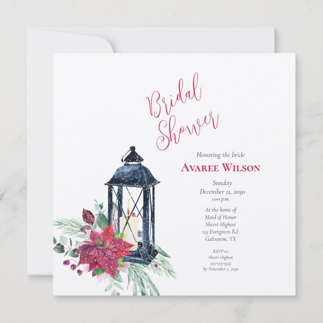 Christmas Lantern Poinsettia Evergreens Invitation (Front)