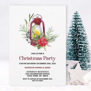Christmas Lantern Red Poinsettia Christmas Party Invitation