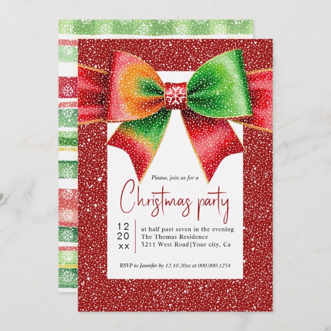 Christmas large red and green bow holiday party invitation (Front/Back)