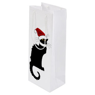 Christmas Le Chat Noir With Santa Hat Wine Gift Bag