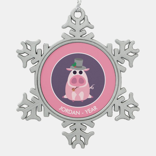 Christmas Leary the Pig Snowflake Pewter Christmas Ornament (Front)