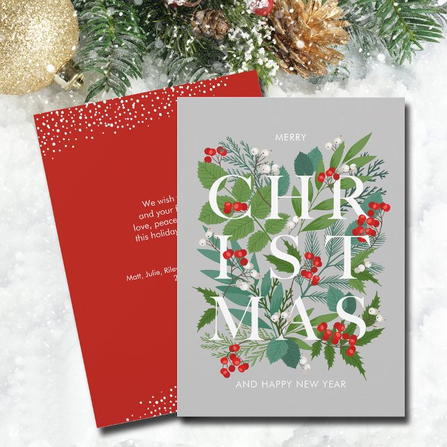 Christmas Leaves and Berries Holiday Card (CHRISTMAS typography leaves and berries flat holiday cards - PRINTED and/or INSTANT DOWNLOAD)