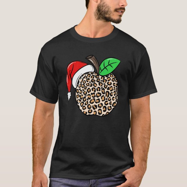 Christmas Leopard Apple Santa Hat Christmas Teache T-Shirt (Front)