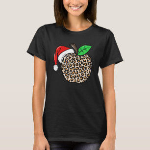 Christmas Leopard Apple Santa Hat Christmas Teache T-Shirt