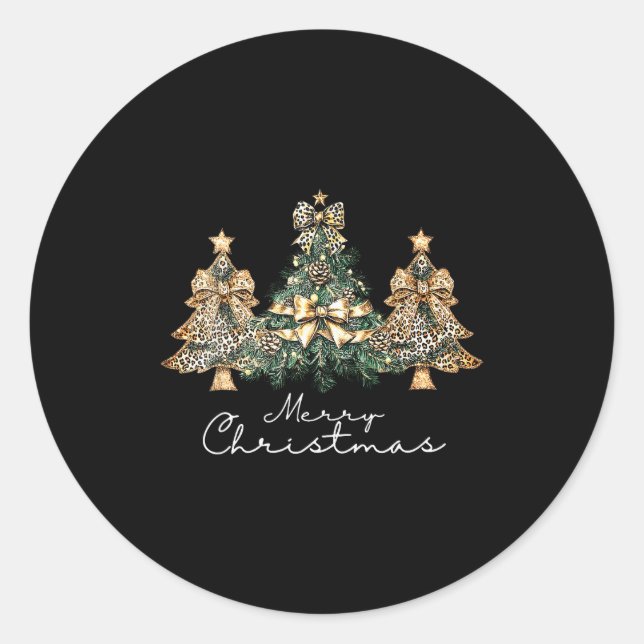 Christmas Leopard Coquette Bow Xmas Trees Pyjamas  Classic Round Sticker (Front)