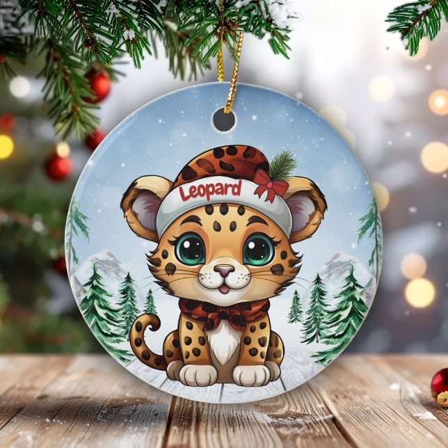 Christmas Leopard Spots Kitty Cat Lovers 🐆🐈🐾 Ceramic Ornament (Custom Name Leopard Christmas Ornament Customizable Cat Decoration Personalizable Kitty Decor 🐆🎄)