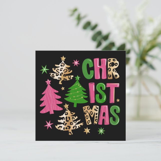 Christmas Leopard Tree Preppy Merry & Bright  Holiday Card (Standing Front)