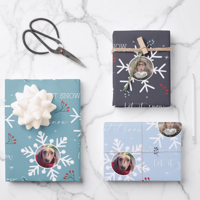 Christmas "Let it snow" 2 Custom Photo Snowflake Wrapping Paper Sheet (Front)