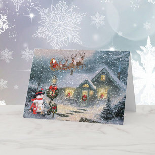 Christmas Let it Snow Santa Sleigh Reindeer Holiday Card