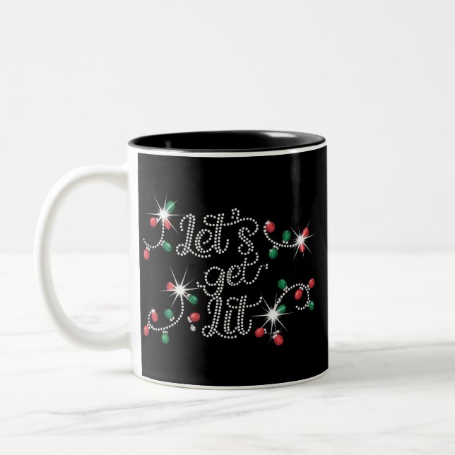 Christmas Let's Get Lit Rhinestone Mega Bling  Two-Tone Coffee Mug (Left)