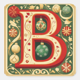 Christmas Letter B: Red and Green Ornament Design Square Sticker