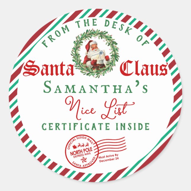 Christmas Letter from Santa Nice List Certificate Classic Round Sticker (Front)