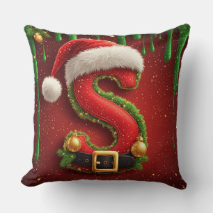 Christmas Letter S with Santa Hat Holiday Gift Cushion