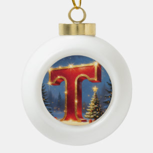 Christmas Letter T Ornament Red Gold Monogram