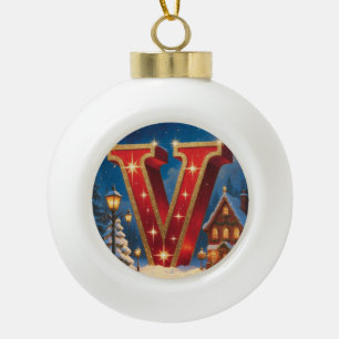 Christmas Letter V Ornament Red Gold Monogram