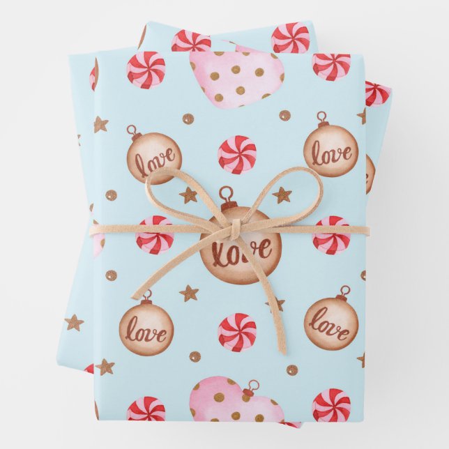 Christmas Light Blue Pink Heart Ornament with Love Wrapping Paper Sheet (In situ)