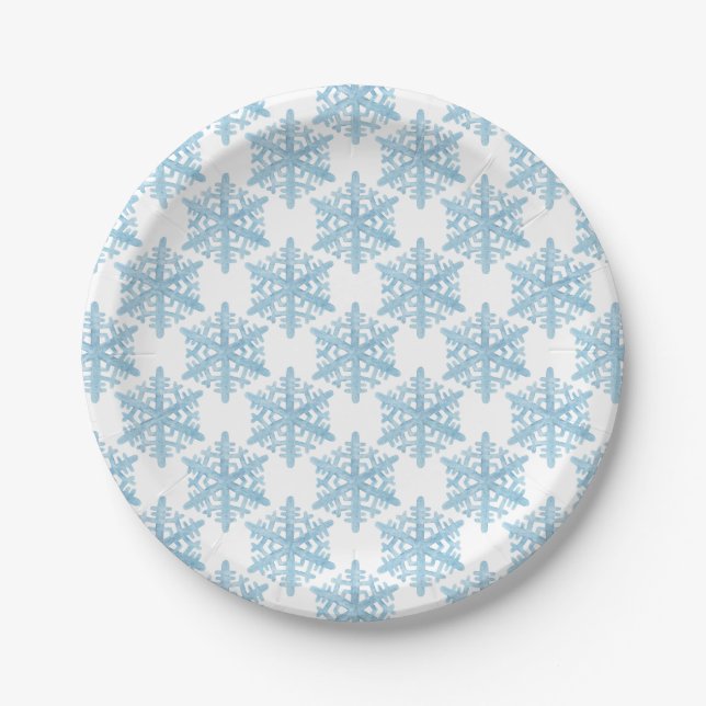 Christmas Light Blue Watercolor Snowflakes Pattern Paper Plate (Front)