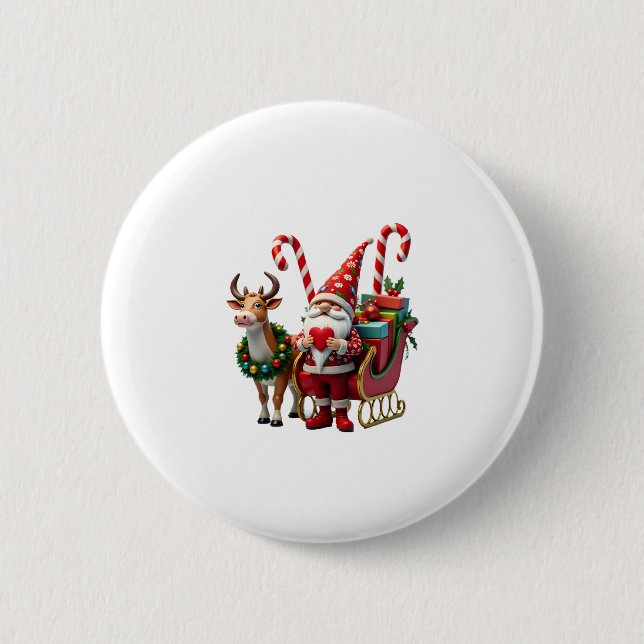 Christmas Light Gnome Santa Claus Riding Sleigh Hi 6 Cm Round Badge (Front)