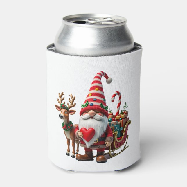 Christmas Light Gnome Santa Claus Riding Sleigh Hi Can Cooler (Can Front)