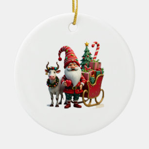 Christmas Light Gnome Santa Claus Riding Sleigh Hi Ceramic Ornament