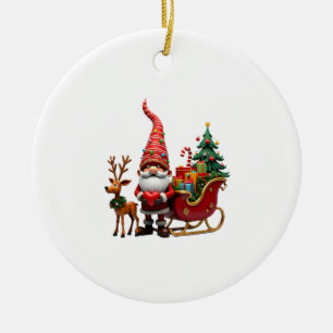Christmas Light Gnome Santa Claus Riding Sleigh Hi Ceramic Ornament