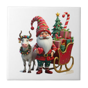 Christmas Light Gnome Santa Claus Riding Sleigh Hi Ceramic Tile