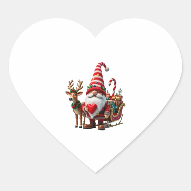 Christmas Light Gnome Santa Claus Riding Sleigh Hi Heart Sticker (Front)