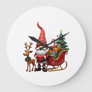 Christmas Light Gnome Santa Claus Riding Sleigh Hi Large Clock