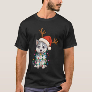 Christmas Light Reindeer Santa Hat Alaskan Malamut T-Shirt