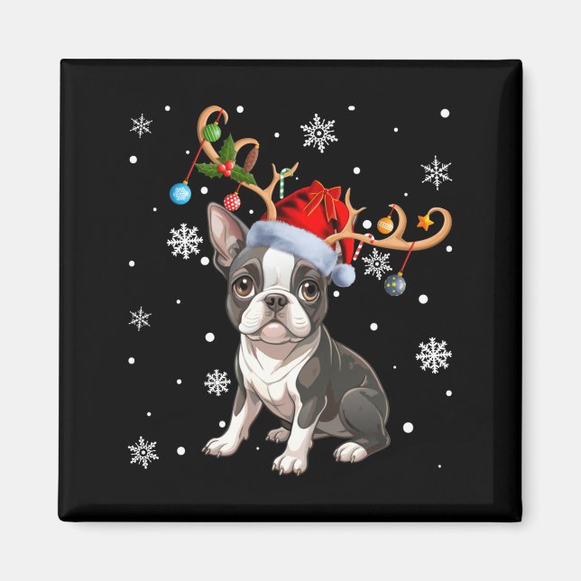 Christmas Light Reindeer Santa Hat Boston Terrier  Magnet (Front)