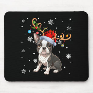 Christmas Light Reindeer Santa Hat Boston Terrier Mouse Pad