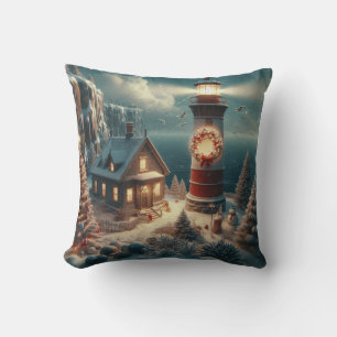 Christmas lighthouse, Coastal Christmas décor Cushion