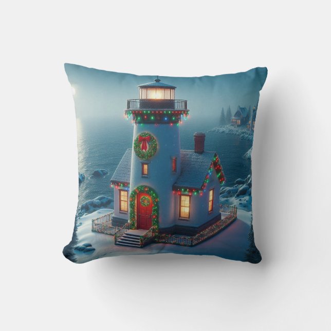 Christmas lighthouse, Coastal Christmas décor Cushion (Front)
