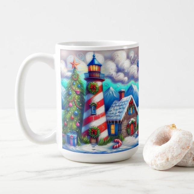 Christmas Lighthouse Nautical Coastal Mountain Coffee Mug (With Donut)