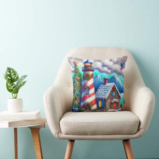 Christmas Lighthouse Nautical Coastal Mountain Cushion (Chair)