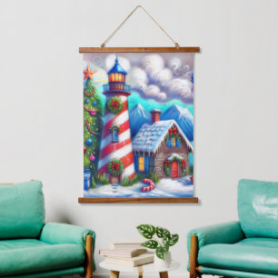 Christmas Lighthouse Nautical Coastal Mountain Hanging Tapestry