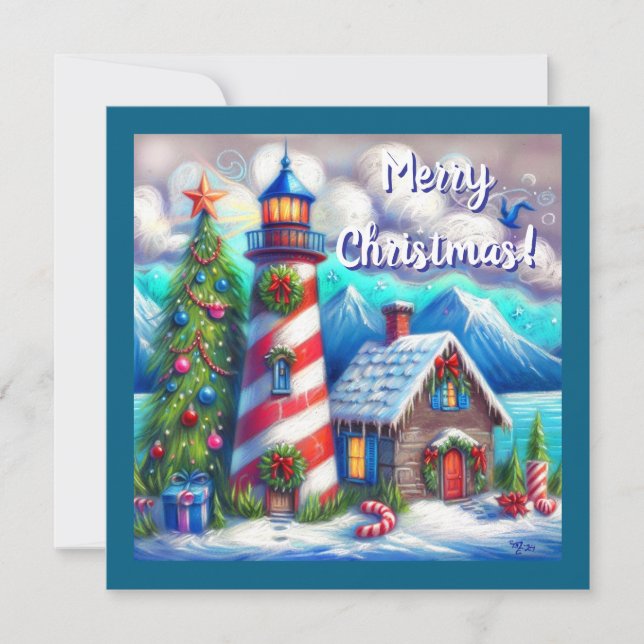 Christmas Lighthouse Nautical Coastal Mountain Holiday Card (Front)