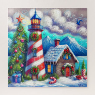 Christmas Lighthouse Nautical Coastal Mountain Jigsaw Puzzle