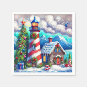 Christmas Lighthouse Nautical Coastal Mountain Napkin