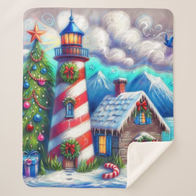 Christmas Lighthouse Nautical Coastal Mountain Sherpa Blanket (Front)
