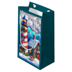 Christmas Lighthouse Nautical Coastal Mountain Small Gift Bag