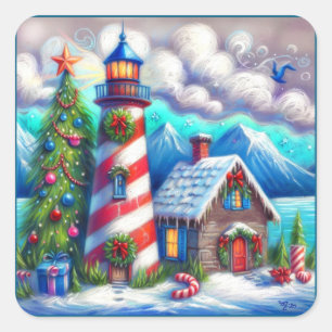 Christmas Lighthouse Nautical Coastal Mountain Square Sticker