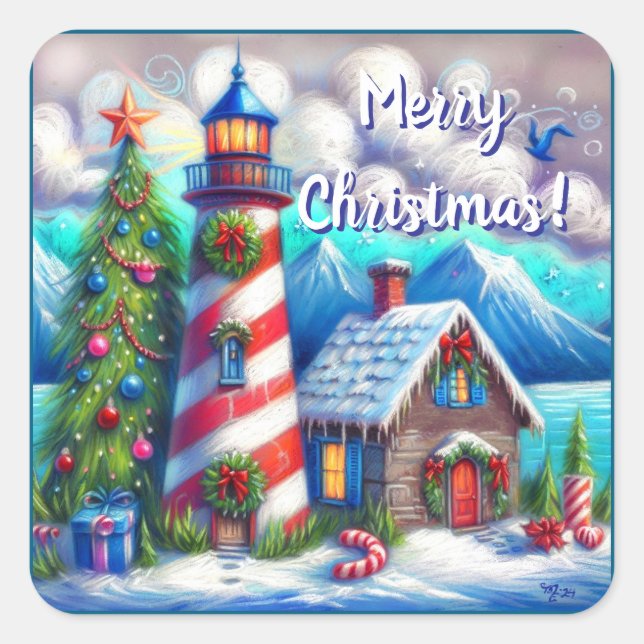 Christmas Lighthouse Nautical Coastal Mountain Square Sticker (Front)