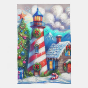 Christmas Lighthouse Nautical Coastal Mountain Tea Towel