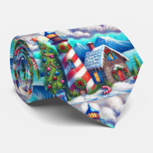Christmas Lighthouse Nautical Coastal Mountain Tie