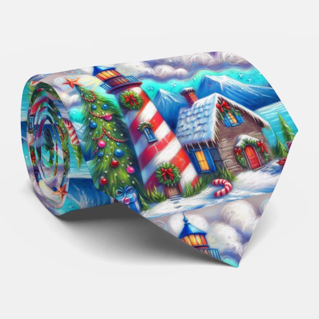 Christmas Lighthouse Nautical Coastal Mountain Tie (Rolled)