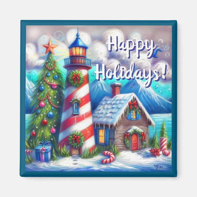 Christmas Lighthouse Nautical Personalised Magnet (Front)