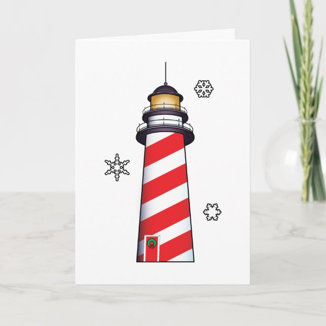 Christmas Lighthouse with Stripes and Snowflakes Holiday Card (Front)