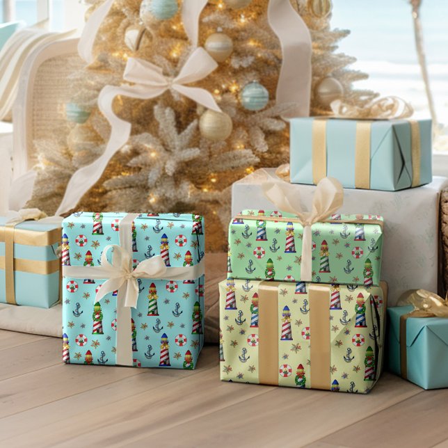 Christmas Lighthouses Nautical Wrapping Paper Sheet (Creator Uploaded)